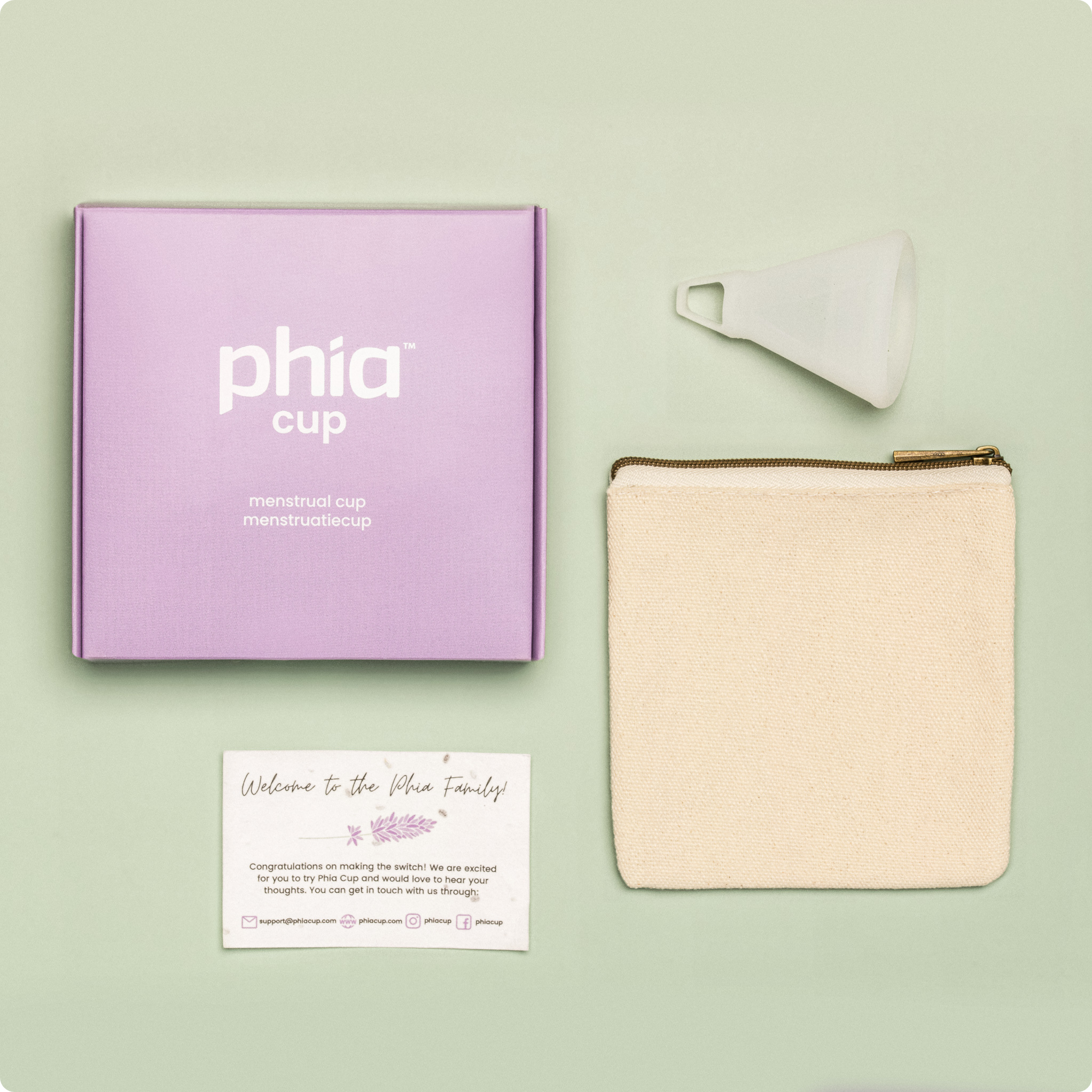 Phia Cup Package Contents including the packaging, Phia Menstrual Cup, Storage Pouch, and welcome card